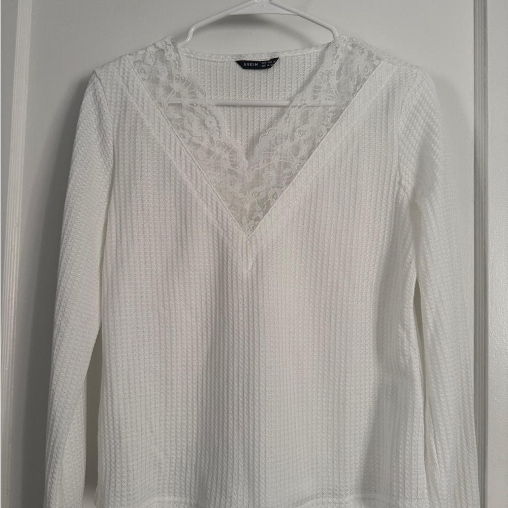 SHEIN White Lace V-Neck Blouse